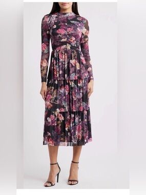 NWT Anne Klein Floral Tiered Dress with Mesh Sleeves